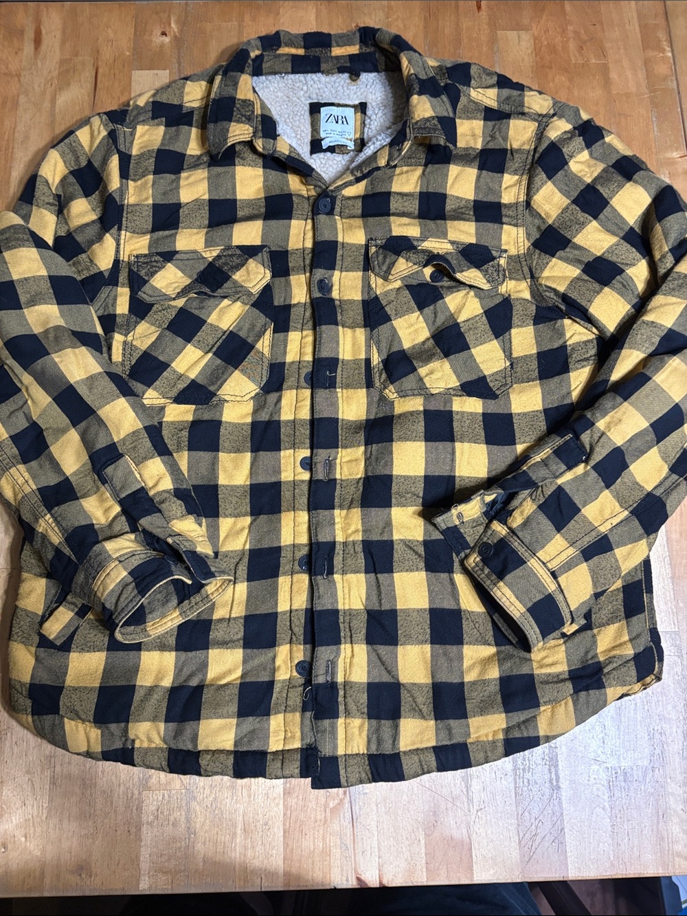 Zara Men’s Yellow and Black Plaid Button-Down Shirt Jacket